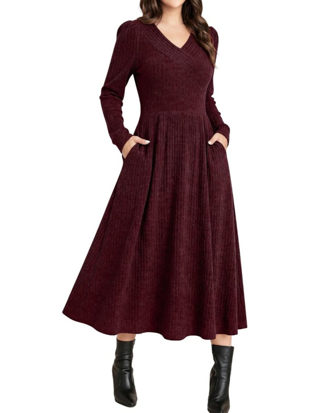 Women's Long Sleeve V-Neck A-Line Midi Dress for Fall & Winter